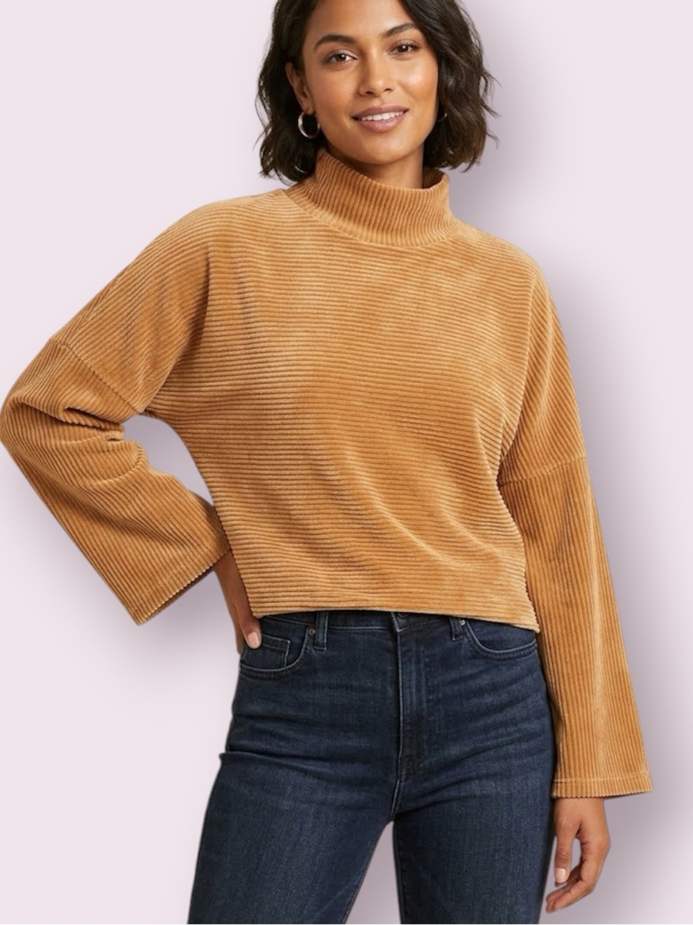 Madewell Texture & Thread Velour Corduroy Mock Neck Top Camel Brown Size XXS